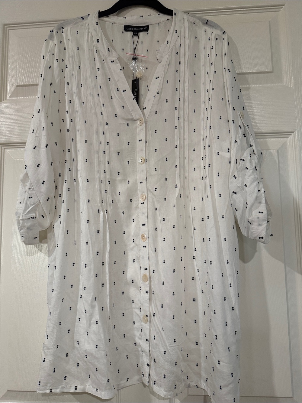 Charter Club White Button-Front Tunic with Navy Micro Dot